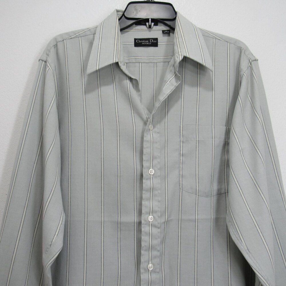 Christian Dior Men Button-up Dress shirt 16/32-33 Bluish Gray w/ White stripes - Picture 4 of 16